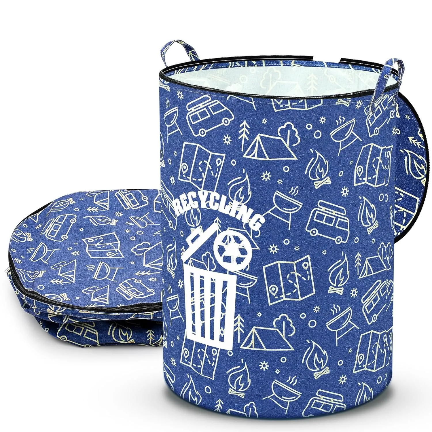 1 Pack Collapsible Trash Can Camping with Zippered Lid Foldable Storage Bin Portable Garbage Can for Outdoor Camping RV's Yard Waste (Recycling Style)