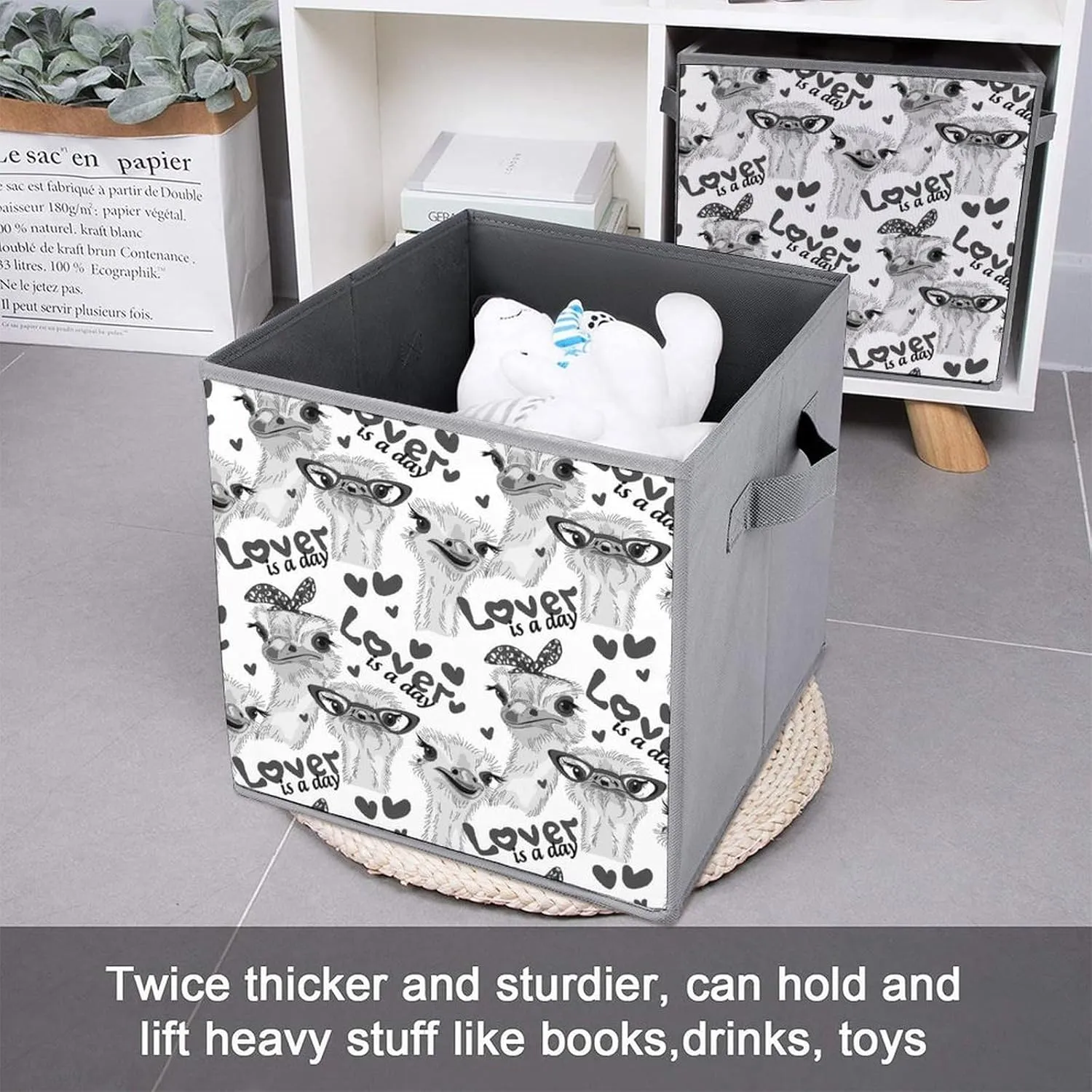 1 PC Square Foldable Organizer Oxford Cloth with Handles, Clothes Bucket Waterproof Storage Basket Bin Laundry Hamper 10.6" Print Grey Ostriches with Glasses Hairpins, Lover is a Day Letterings