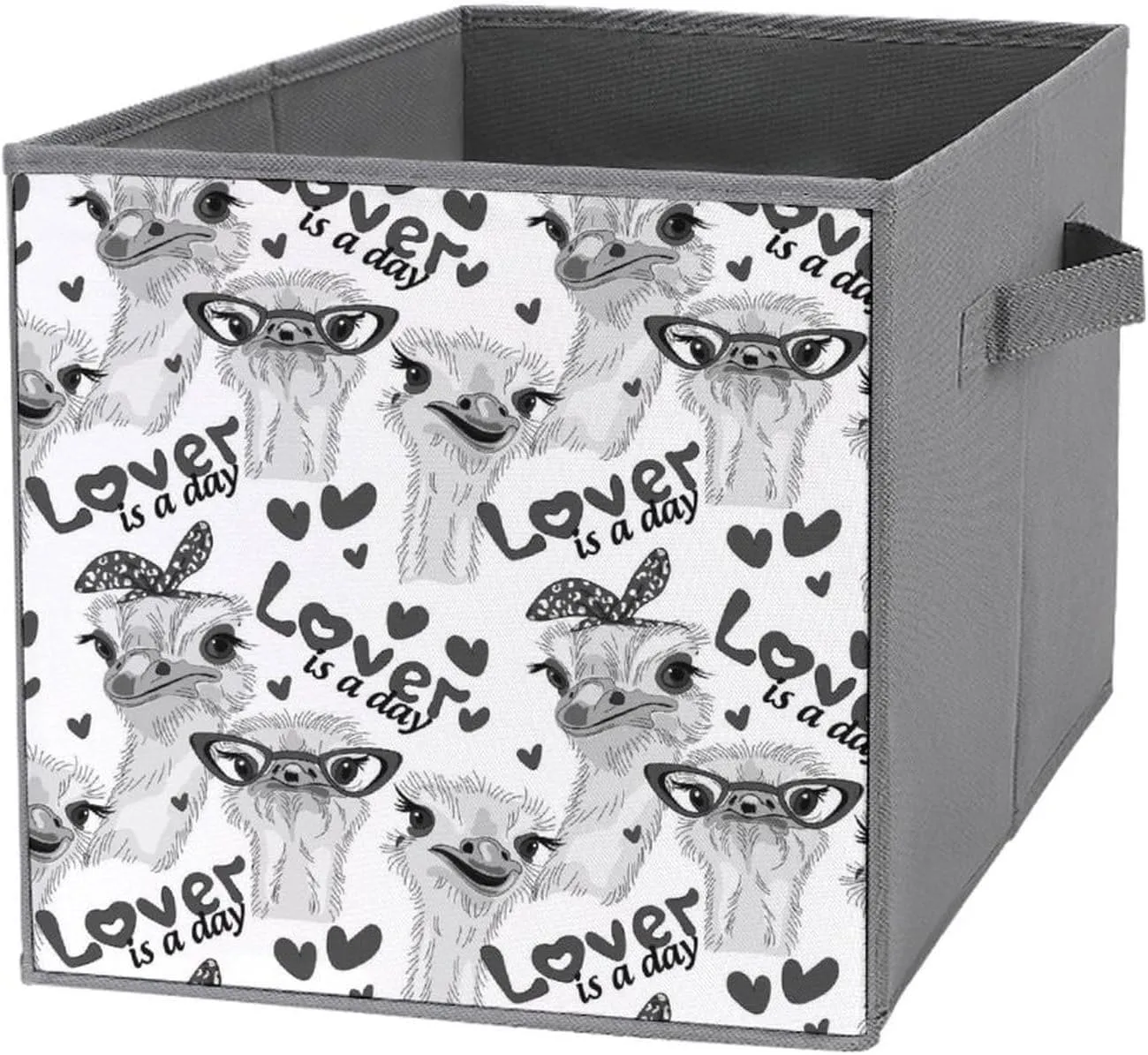 1 PC Square Foldable Organizer Oxford Cloth with Handles, Clothes Bucket Waterproof Storage Basket Bin Laundry Hamper 10.6" Print Grey Ostriches with Glasses Hairpins, Lover is a Day Letterings