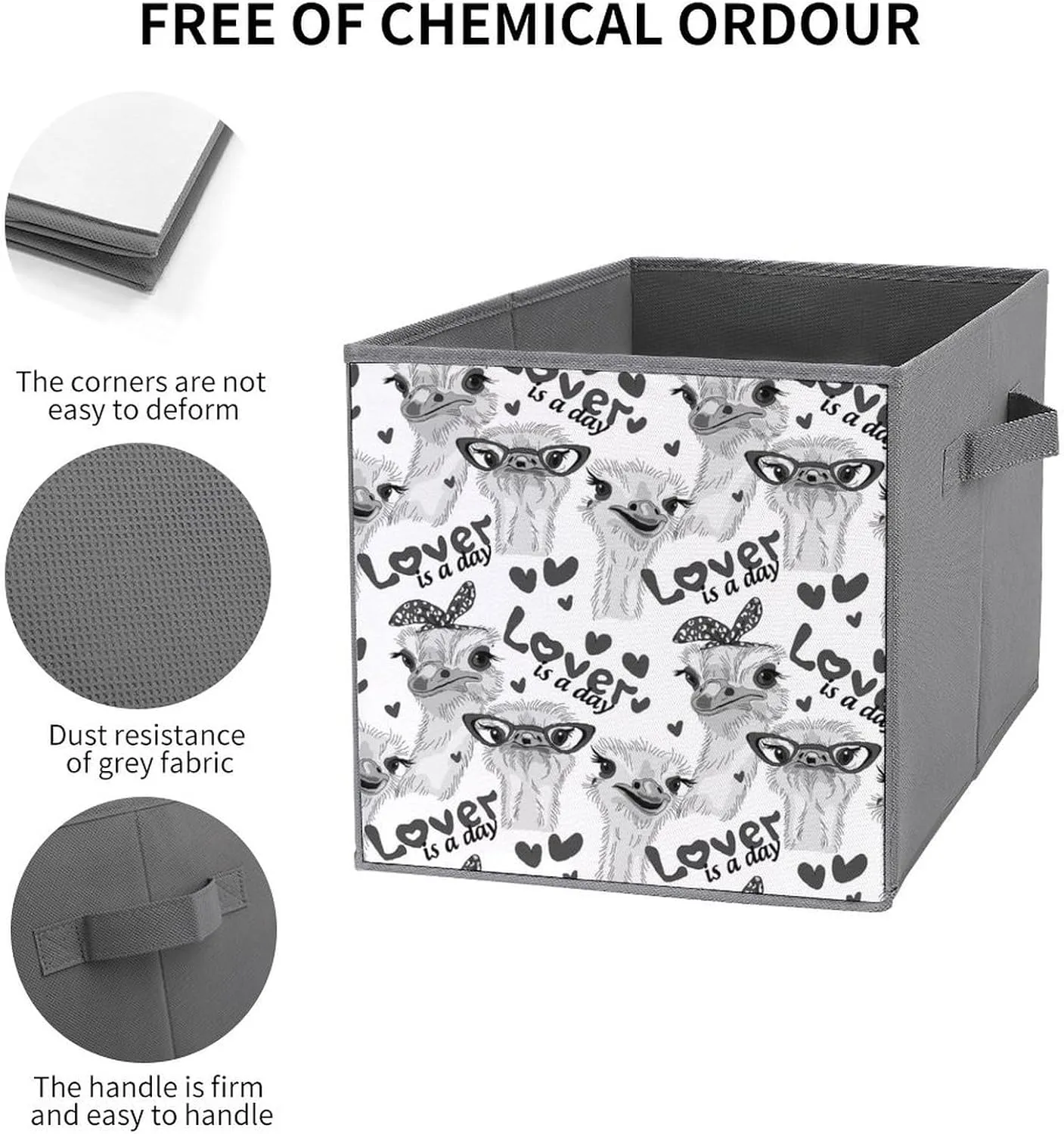 1 PC Square Foldable Organizer Oxford Cloth with Handles, Clothes Bucket Waterproof Storage Basket Bin Laundry Hamper 10.6" Print Grey Ostriches with Glasses Hairpins, Lover is a Day Letterings