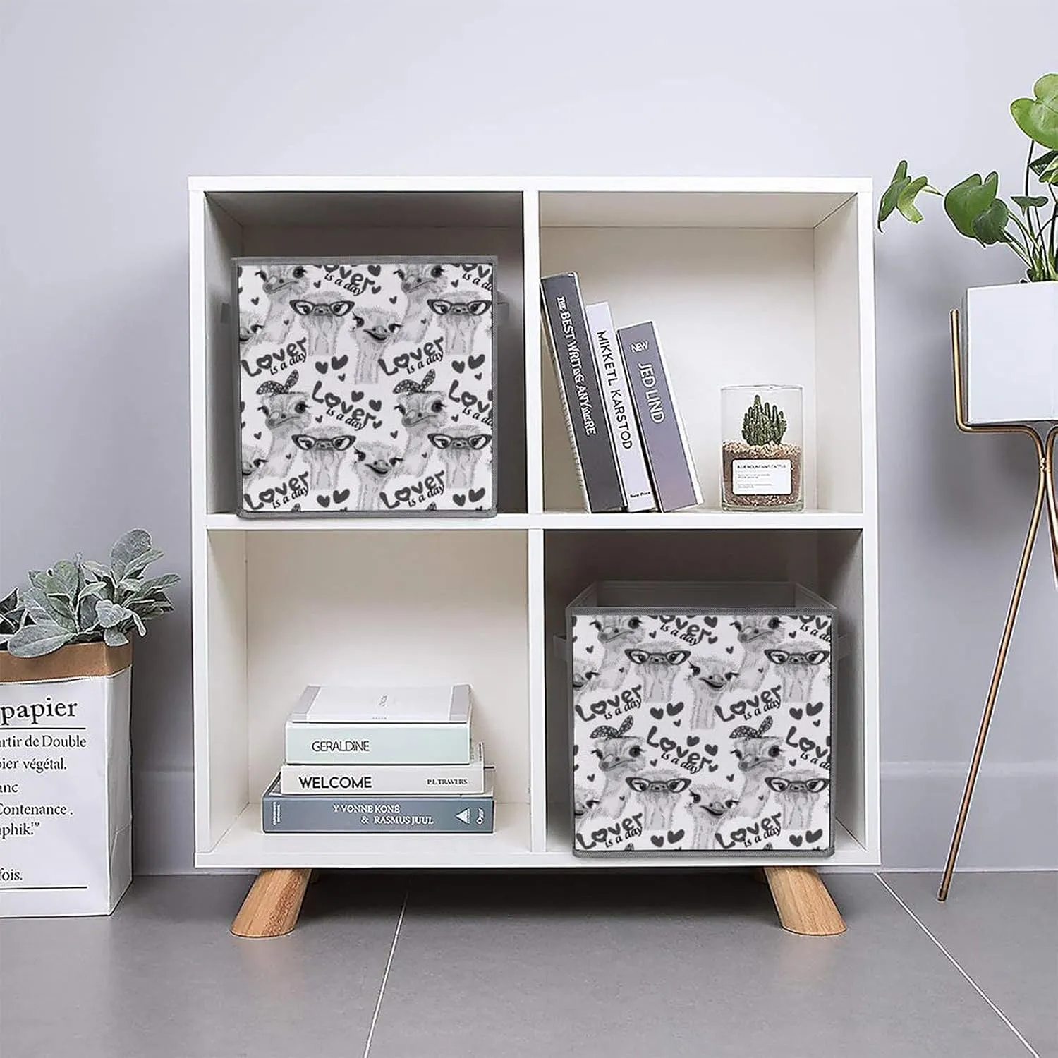 1 PC Square Foldable Organizer Oxford Cloth with Handles, Clothes Bucket Waterproof Storage Basket Bin Laundry Hamper 10.6" Print Grey Ostriches with Glasses Hairpins, Lover is a Day Letterings