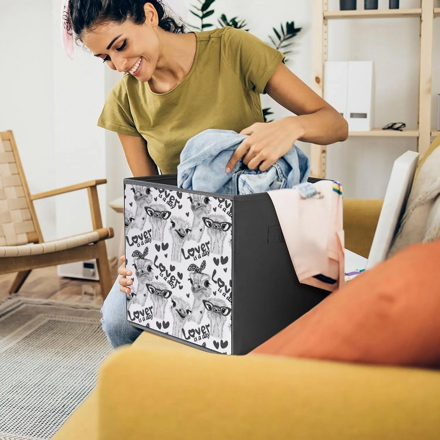 1 PC Square Foldable Organizer Oxford Cloth with Handles, Clothes Bucket Waterproof Storage Basket Bin Laundry Hamper 10.6" Print Grey Ostriches with Glasses Hairpins, Lover is a Day Letterings