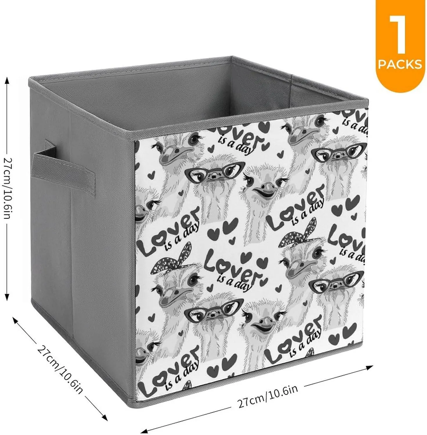 1 PC Square Foldable Organizer Oxford Cloth with Handles, Clothes Bucket Waterproof Storage Basket Bin Laundry Hamper 10.6" Print Grey Ostriches with Glasses Hairpins, Lover is a Day Letterings