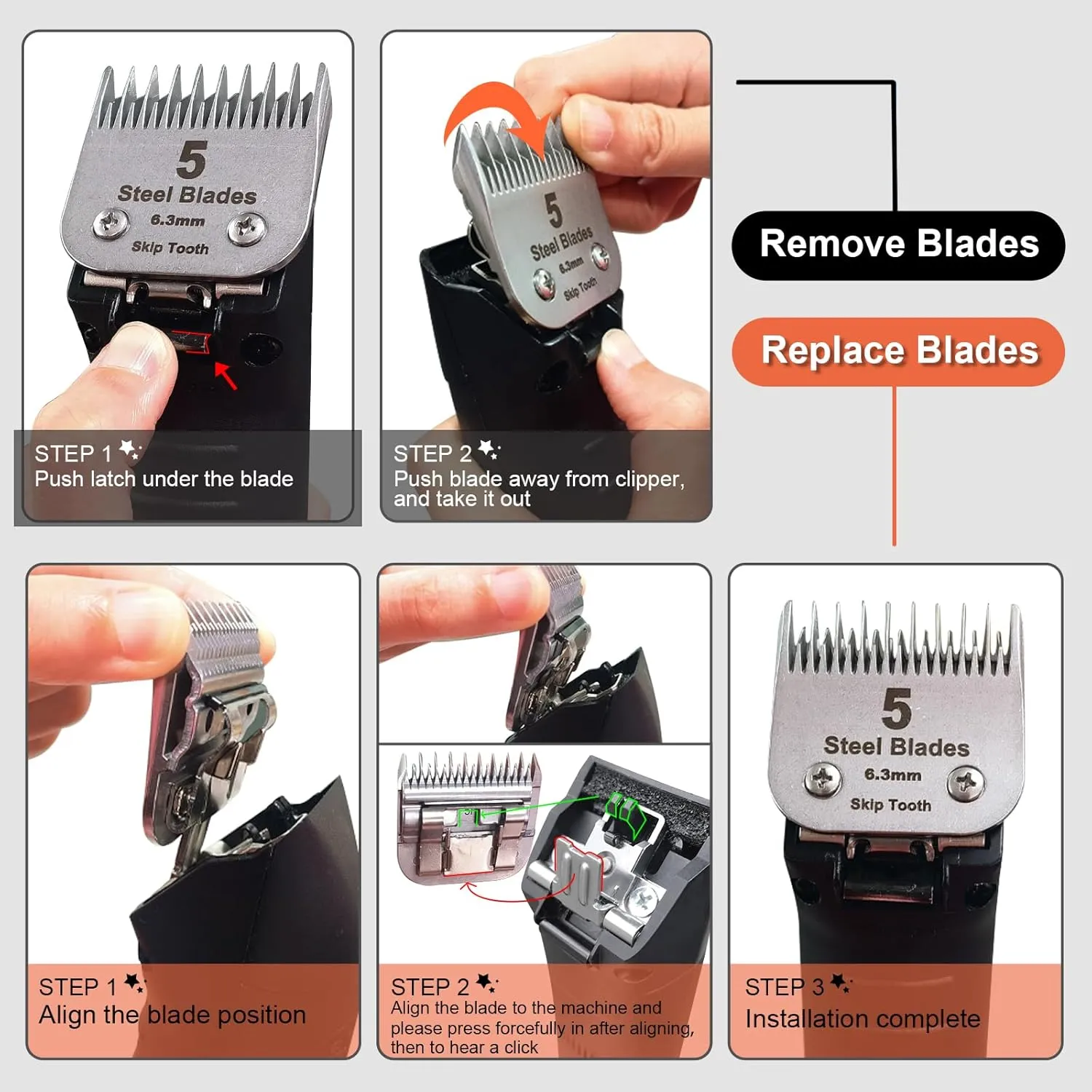 10 7 5 4 Skip tooth Detachable Pet Dog Grooming Steel Blades Set,Compatible with Andis,Oster A5,Wahl KM10 Series Clippers,Cut Length 1/16"(1.5mm) to 3/8”(9.5mm),4 Pack (10 7 5 4 Skip tooth Blade)