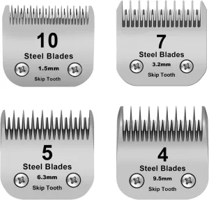 10 7 5 4 Skip tooth Detachable Pet Dog Grooming Steel Blades Set,Compatible with Andis,Oster A5,Wahl KM10 Series Clippers,Cut Length 1/16"(1.5mm) to 3/8”(9.5mm),4 Pack (10 7 5 4 Skip tooth Blade)