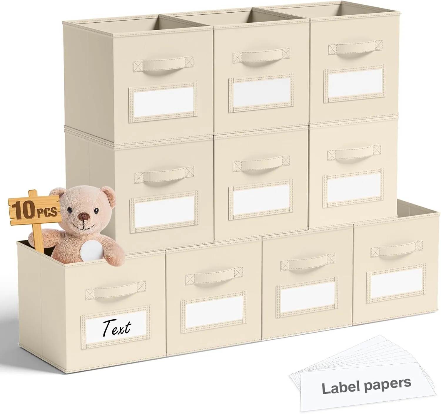 10 Pcs Fabric Storage Cubes 11 Inch Fabric Storage Bins with Labels Collapsible Cube Organizer Baskets with Window Cards for Shelves Nursery Bedroom Clothes Books Toys Organizer(Beige)