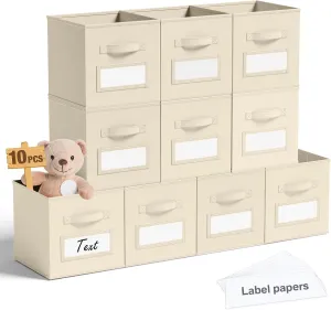10 Pcs Fabric Storage Cubes 11 Inch Fabric Storage Bins with Labels Collapsible Cube Organizer Baskets with Window Cards for Shelves Nursery Bedroom Clothes Books Toys Organizer(Beige)