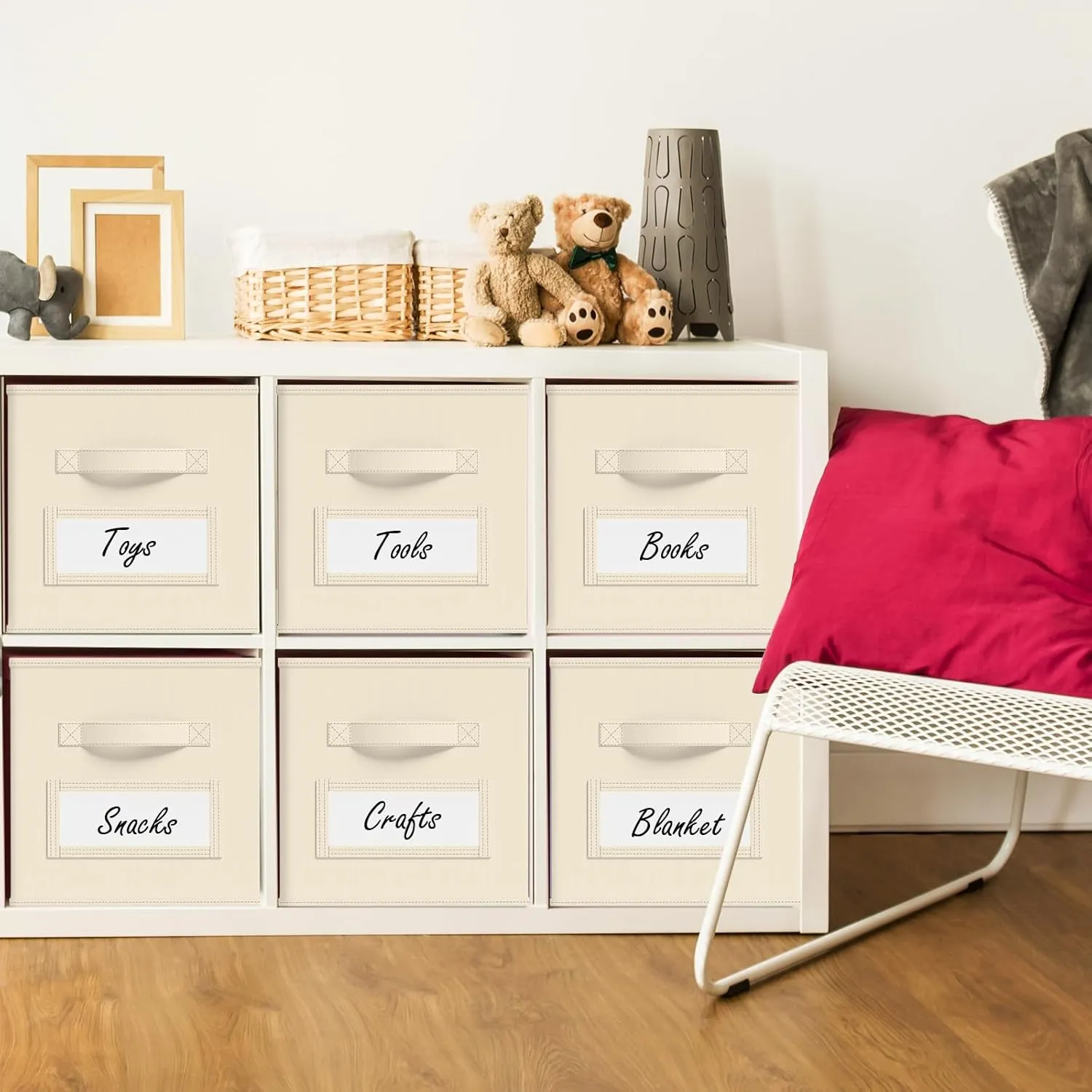 10 Pcs Fabric Storage Cubes 11 Inch Fabric Storage Bins with Labels Collapsible Cube Organizer Baskets with Window Cards for Shelves Nursery Bedroom Clothes Books Toys Organizer(Beige)