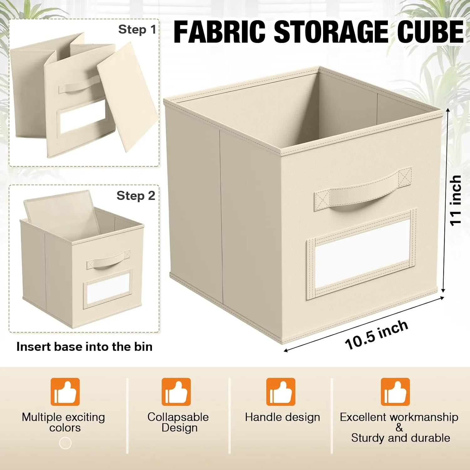 10 Pcs Fabric Storage Cubes 11 Inch Fabric Storage Bins with Labels Collapsible Cube Organizer Baskets with Window Cards for Shelves Nursery Bedroom Clothes Books Toys Organizer(Beige)