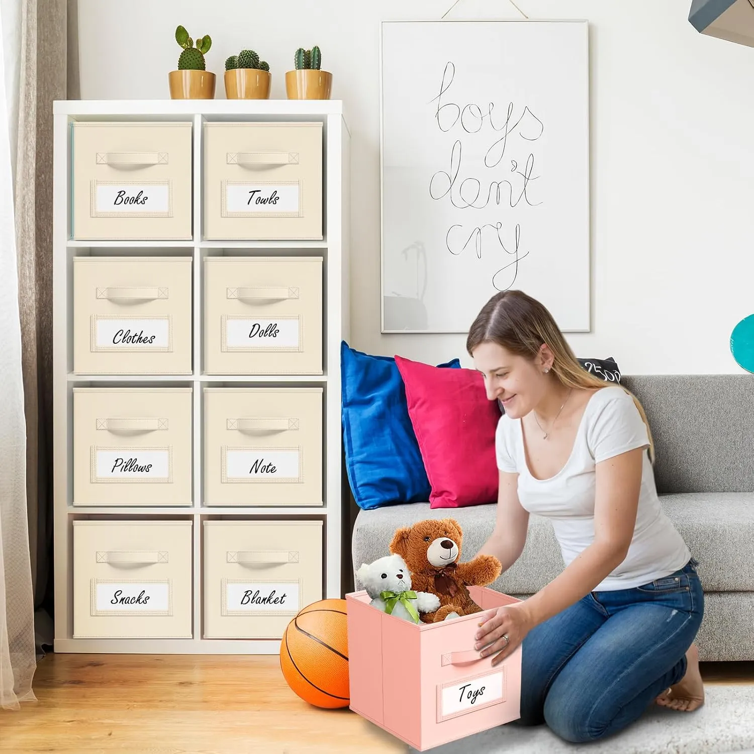 10 Pcs Fabric Storage Cubes 11 Inch Fabric Storage Bins with Labels Collapsible Cube Organizer Baskets with Window Cards for Shelves Nursery Bedroom Clothes Books Toys Organizer(Beige)