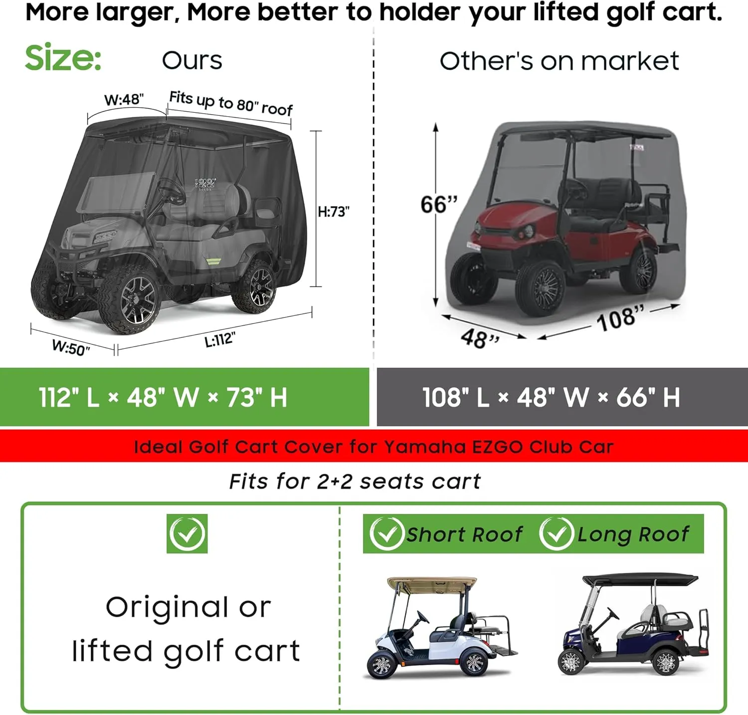 10L0L Golf Cart Covers Universal Fits Yamaha EZGO Club Car Lifted 2/4 Passengers 600D Waterproof Windproof Sunproof Outdoor Full Cover 3-Zipper