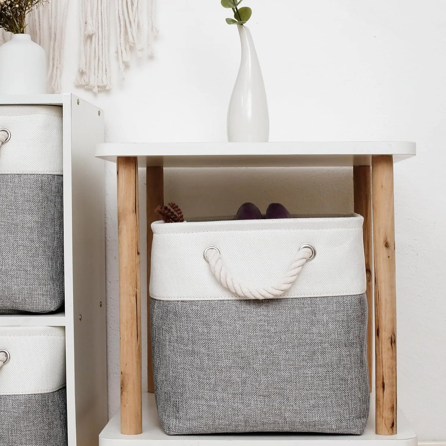11 x 11 Inch Storage Cubes, 6 Pack Large Collapsible Fabric Storage Bin with Ropes, Foldable Storage Cubes for Home, Office,Closet, Clothes, Toys Organizer (White&Gray)