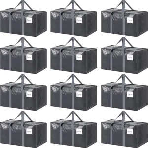 12 Pack Extra Heavy Duty Large Moving Bags with Strong Zipper & Comfortable Handles, Sturdy & Durable Clothes Storage Bags Totes Bins, Packing Moving Boxes for College Supplies, Gray