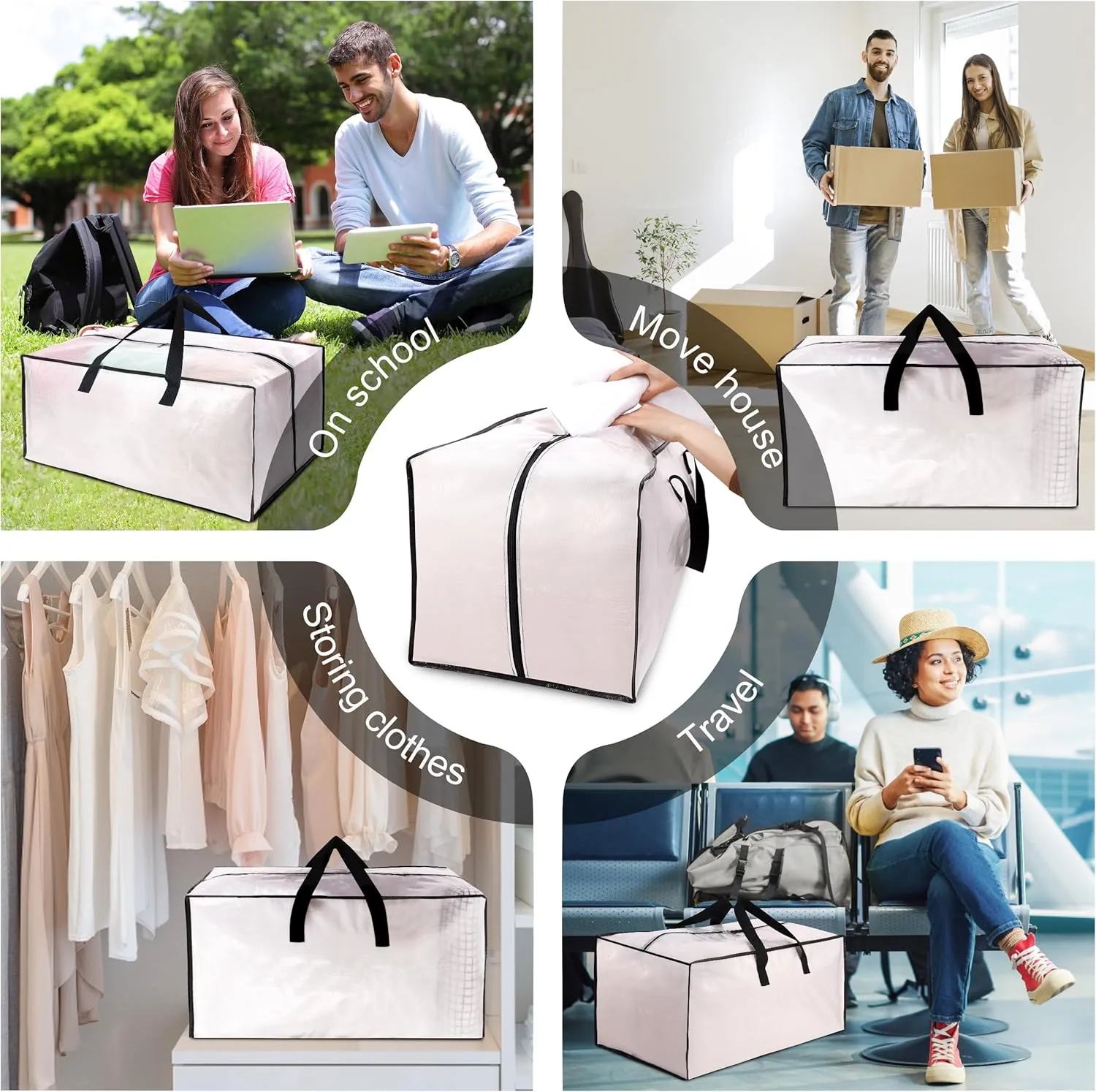 12 Pack Heavy Duty Large Moving Bags W/Backpack Straps - Strong Handles & Zippers, Storage Totes For Space Saving, Fold Flat, Alternative to Moving Box and Storage Bin, Semi-Transparent