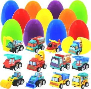 12 PCS Easter Egg Fillers with Pull Back Car, Prefilled Easter Toys Gifts for 3-8 Year Old Boys Girls Kids Toddlers, Party Favors Classroom Prize Supplies