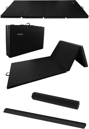 120 x 48 Inch All Purpose Exercise Mat Bundled with 8 Foot Balance Beam Foldable Gymnastic Activity Set, Black