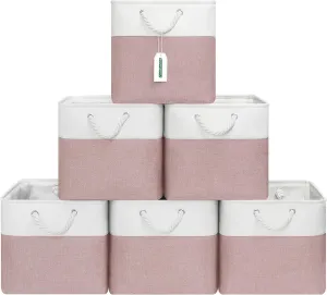 13x13 Inch Cube Storage Bins with Reinforced Bottom Cardboard, 6 Pack Large Collapsible Fabric Storage Cubes with Handles for Shelf, Closet, Toy, Laundry Organization (White&Pink)