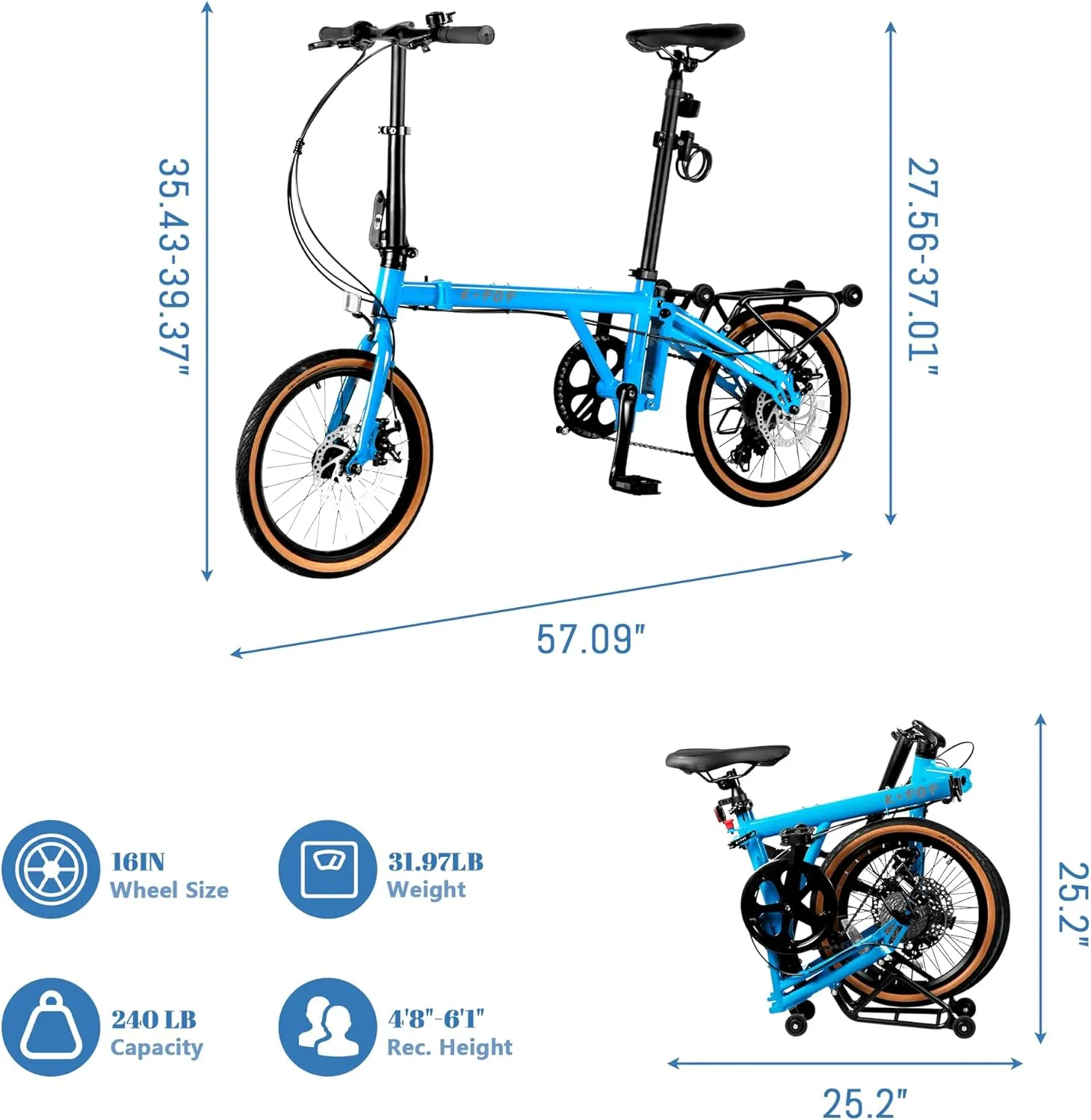 16 Inch Folding Bike with 7-Speed, Foldable Bike for Adults, Commuter Bike Folding Bicycle for Adult/Women/Men/Youth, Front and Rear Disc Brakes