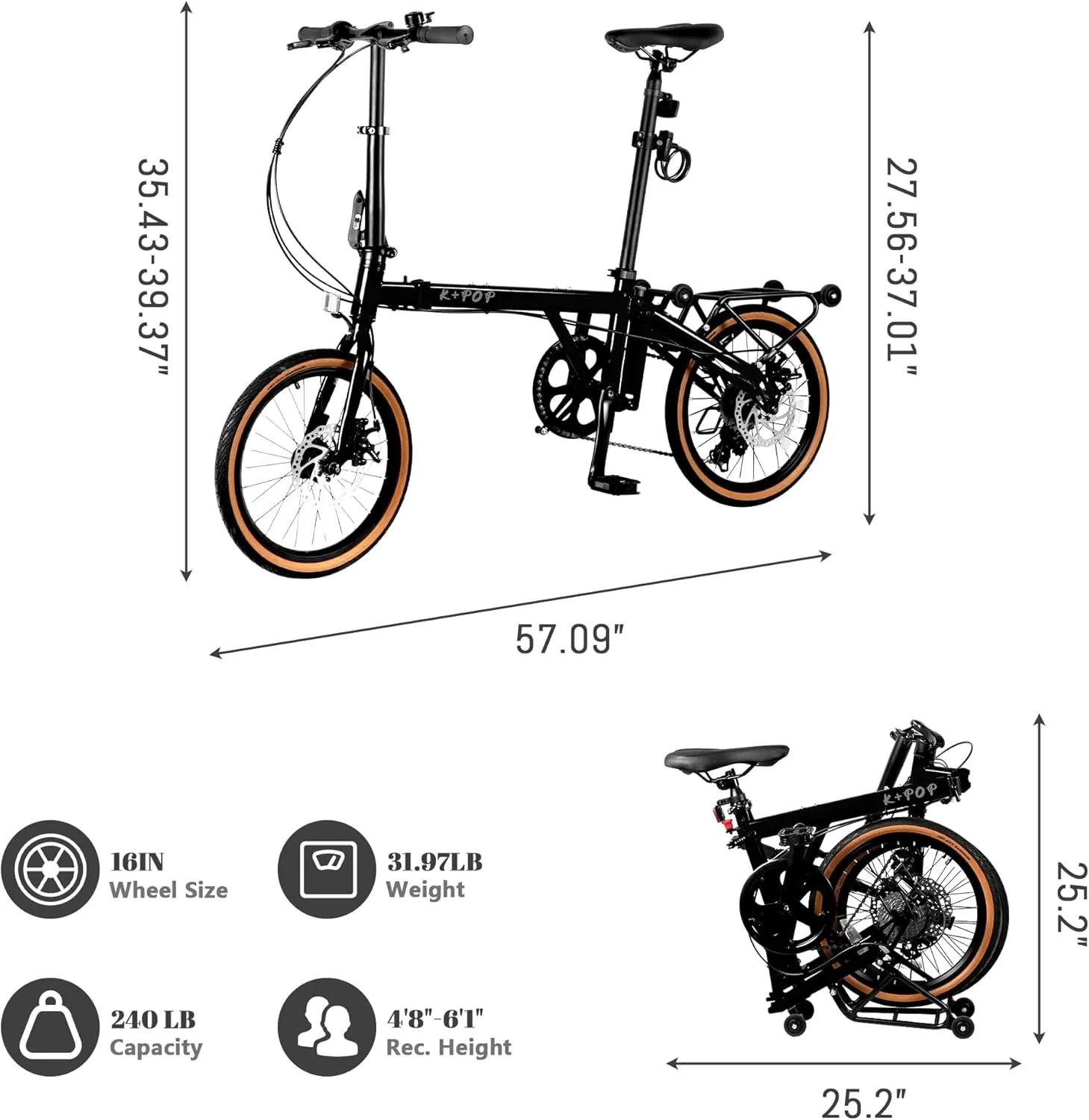 16 Inch Folding Bike with 7-Speed, Foldable Bike for Adults, Commuter Bike Folding Bicycle for Adult/Women/Men/Youth, Front and Rear Disc Brakes