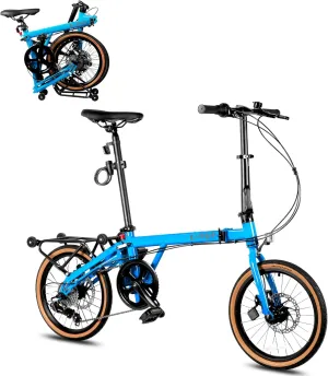 16 Inch Folding Bike with 7-Speed, Foldable Bike for Adults, Commuter Bike Folding Bicycle for Adult/Women/Men/Youth, Front and Rear Disc Brakes