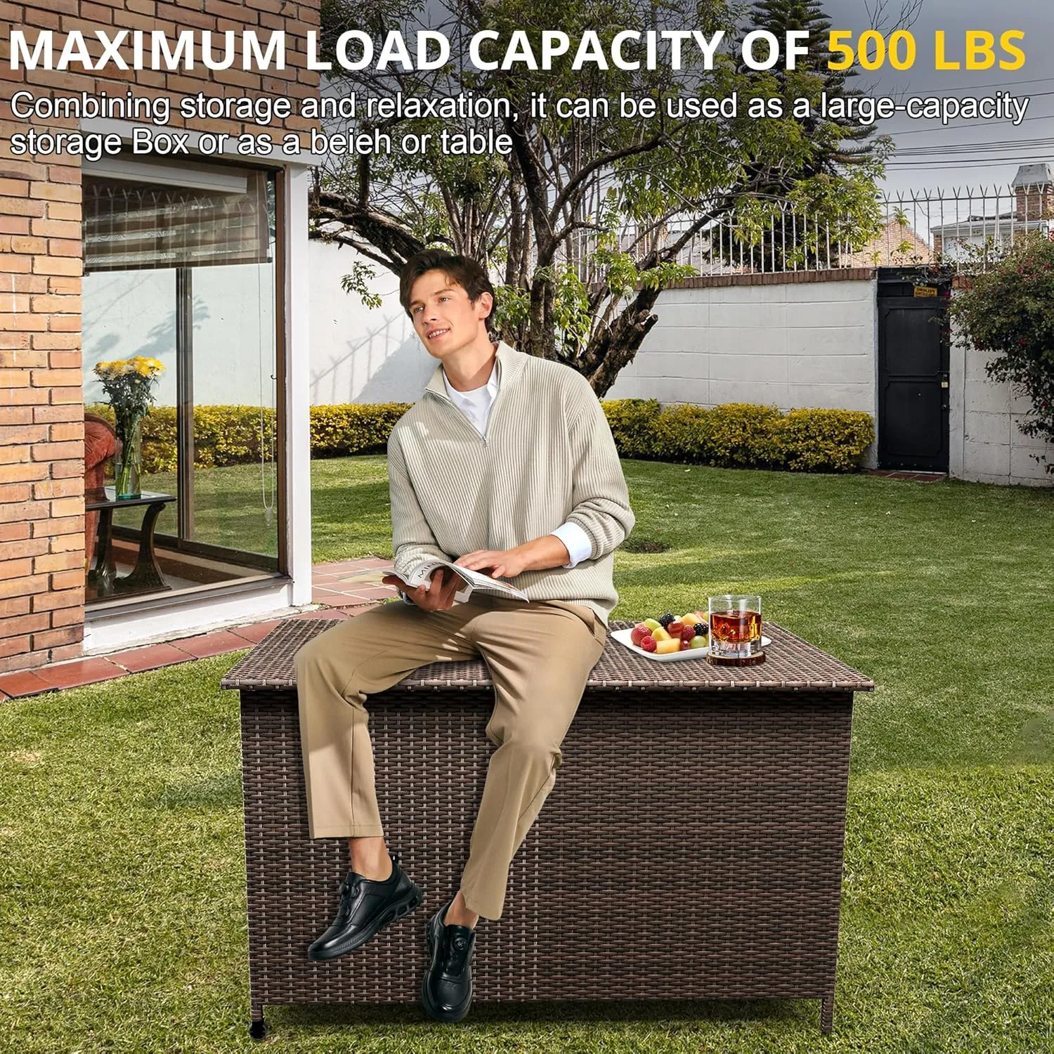 185 Gallon Large Deck Box Waterproof PE Rattan Outdoor Storage Box with Handles and Wheels, Storage Bin for Garden, Balcony, Porch, Pool, Yard