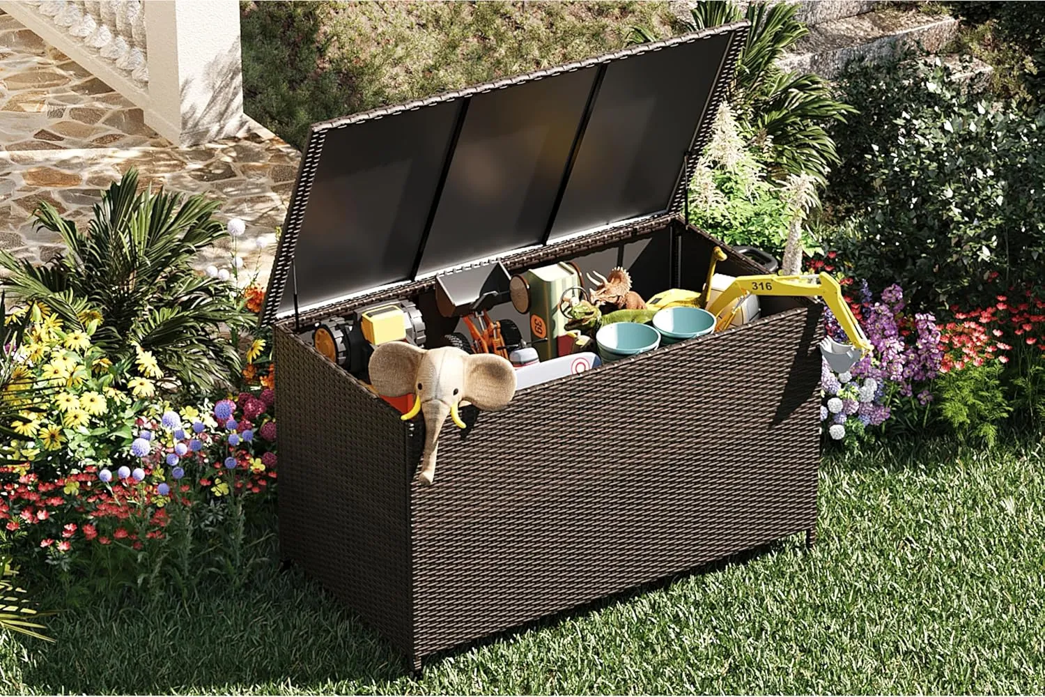 185 Gallon Large Deck Box Waterproof PE Rattan Outdoor Storage Box with Handles and Wheels, Storage Bin for Garden, Balcony, Porch, Pool, Yard