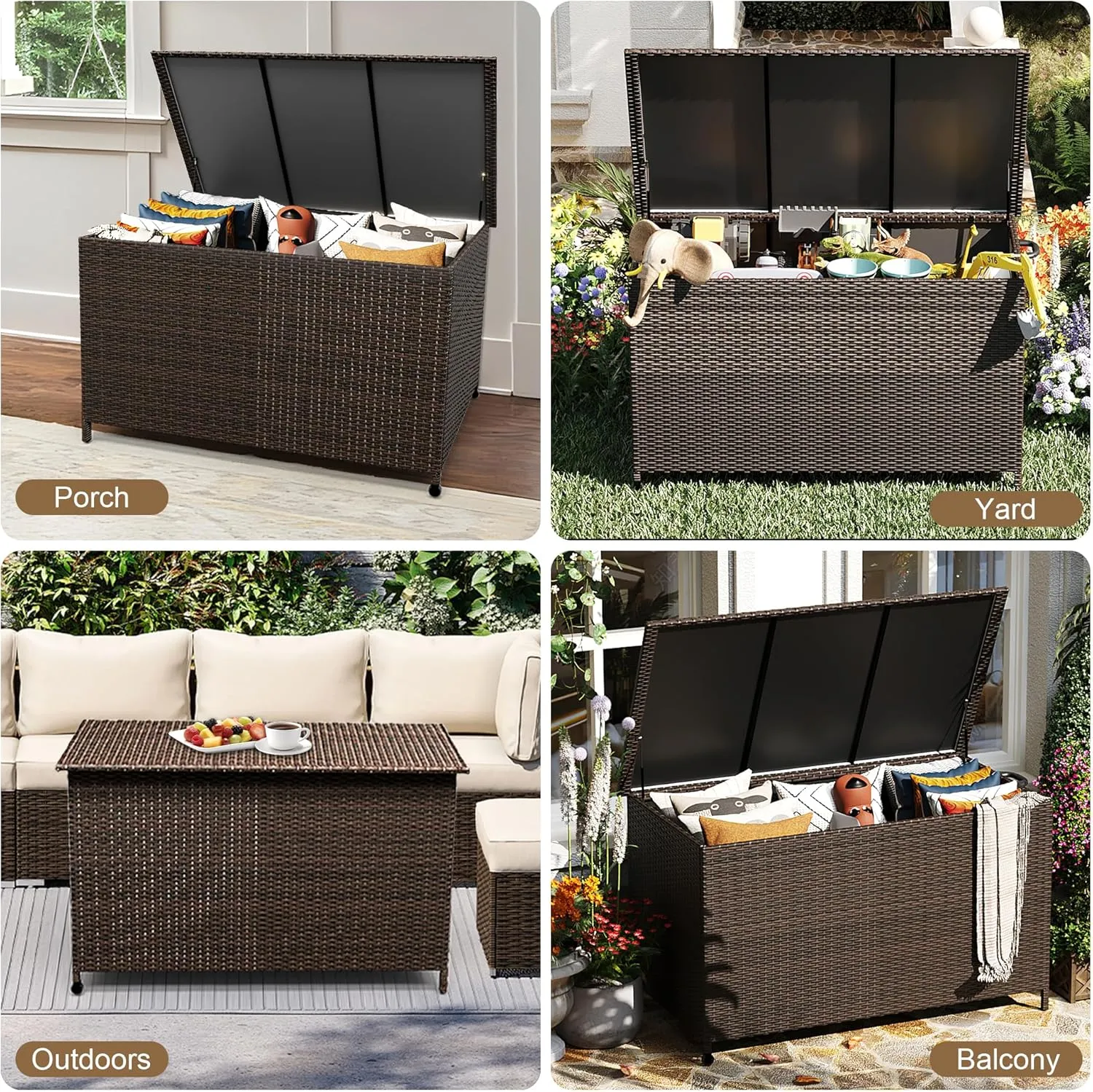 185 Gallon Large Deck Box Waterproof PE Rattan Outdoor Storage Box with Handles and Wheels, Storage Bin for Garden, Balcony, Porch, Pool, Yard