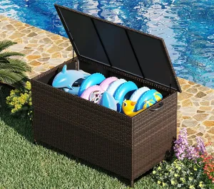 185 Gallon Large Deck Box Waterproof PE Rattan Outdoor Storage Box with Handles and Wheels, Storage Bin for Garden, Balcony, Porch, Pool, Yard