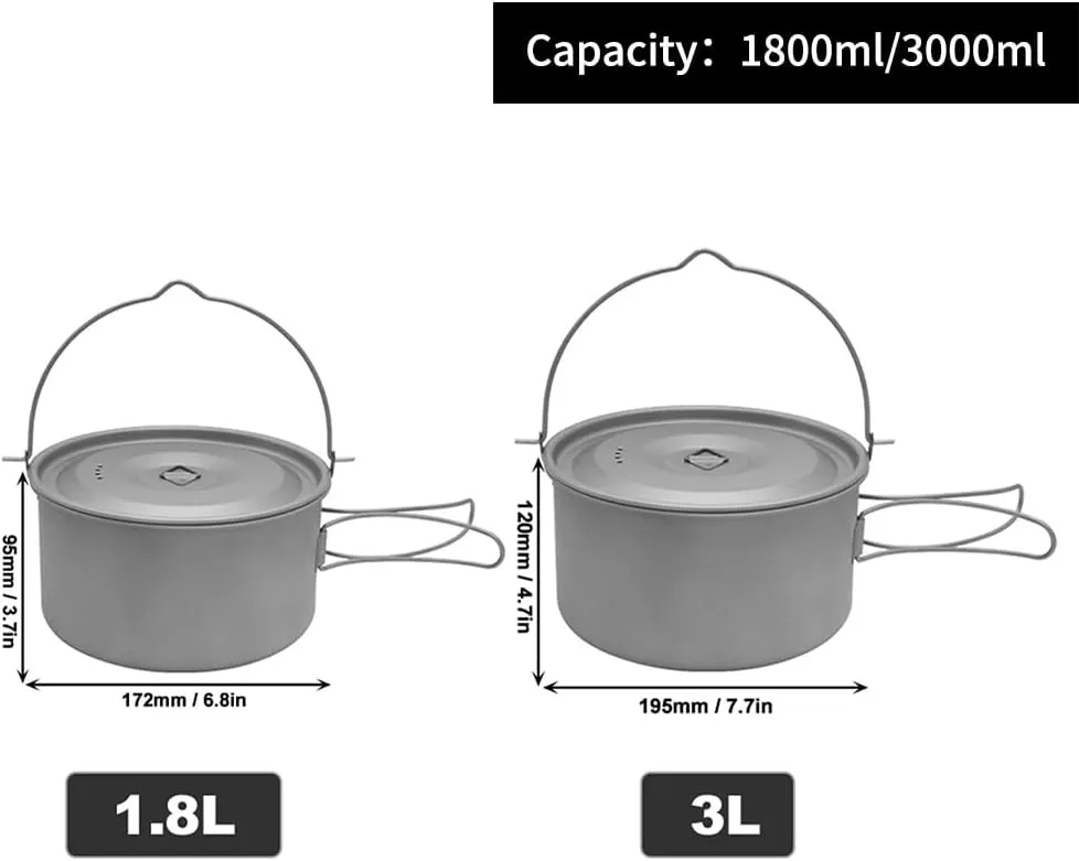 1.8L/3L Titanium Pot Ultralight Hanging Pot with Lid and Foldable Handle Outdoor Camping Hiking Backpacking Picnic