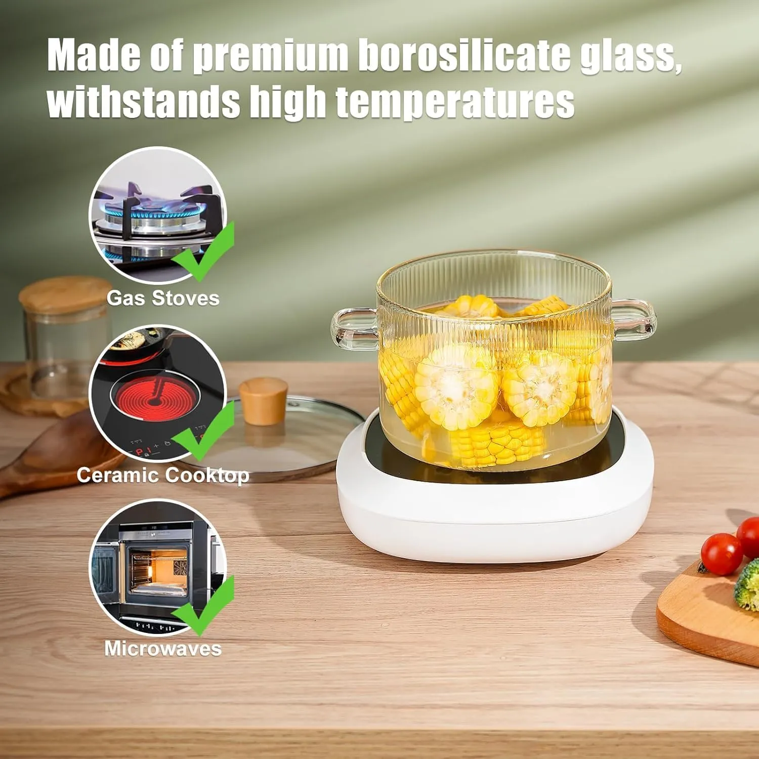 1.8L/60OZ Glass Simmer Pot, Clear Borosilicate Glass Cooking Pot for Stove-Top, Clear Heat Resistant Glass Saucepan with Handle for Stove Baby Food, Soup, Milk Dishwasher-Safe