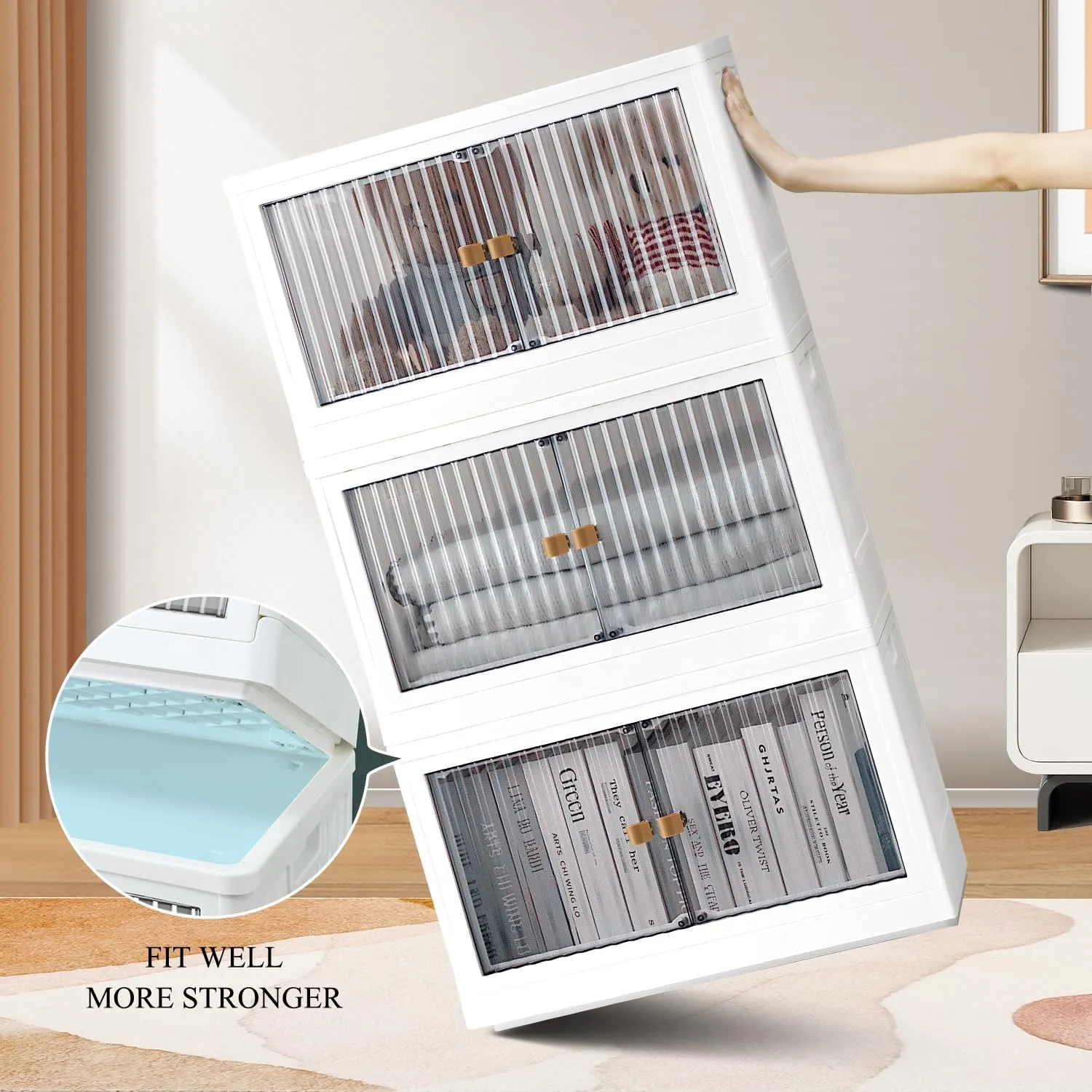 19 Gal Stackable Storage Bins with Lids 3 Pack,Collapsible Storage Bins with Doors Plastic Folding Storage Box with Wheel,Large Foldable Storage Boxes for Dormroom Clothes,Grey