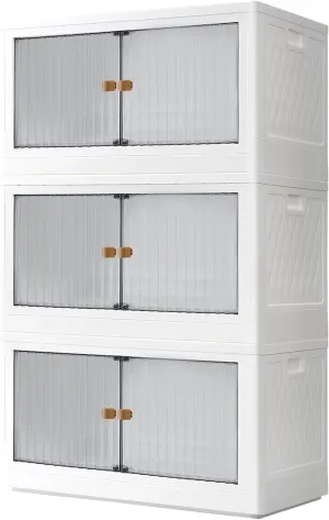 19 Gal Stackable Storage Bins with Lids 3 Pack,Collapsible Storage Bins with Doors Plastic Folding Storage Box with Wheel,Large Foldable Storage Boxes for Dormroom Clothes,Grey