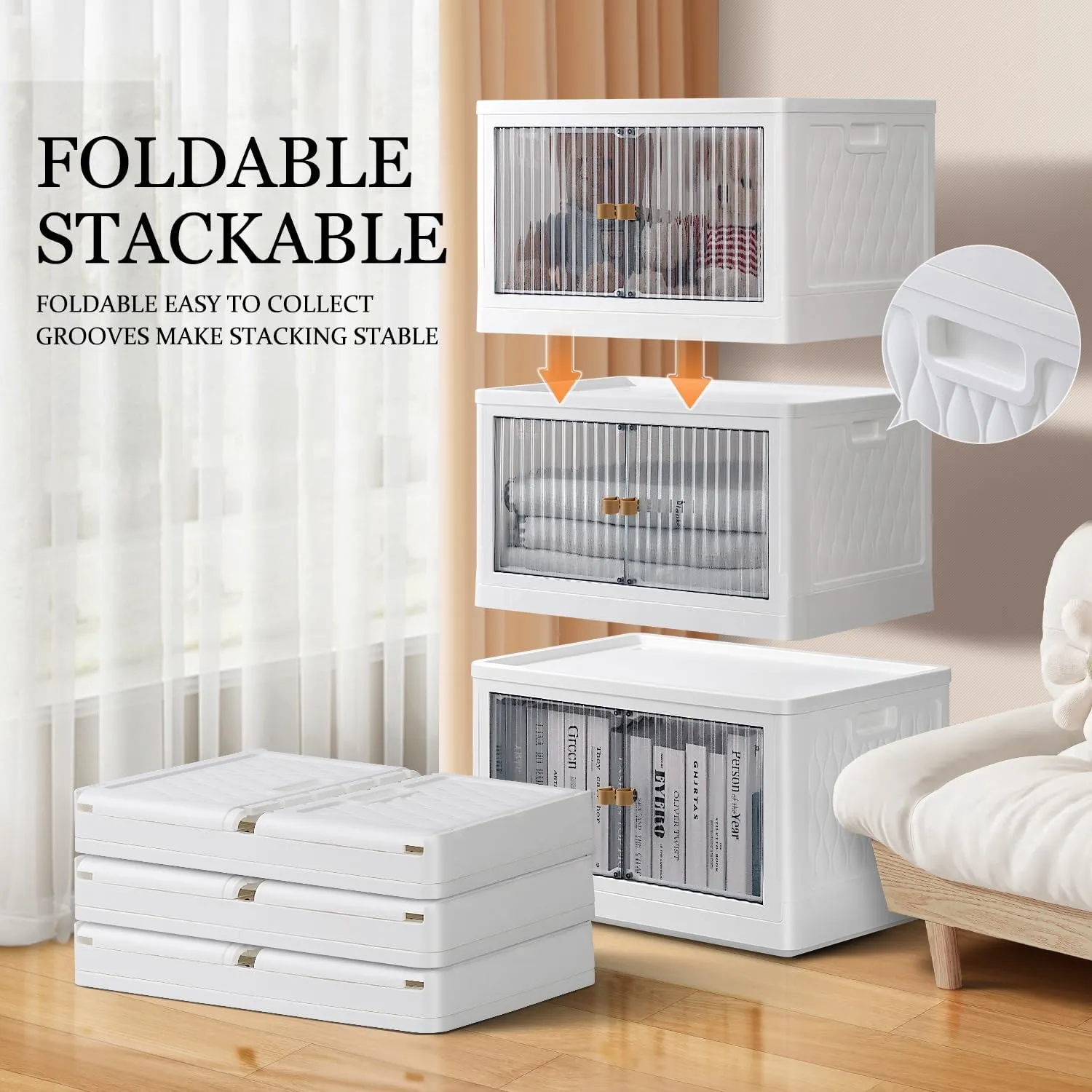 19 Gal Stackable Storage Bins with Lids 3 Pack,Collapsible Storage Bins with Doors Plastic Folding Storage Box with Wheel,Large Foldable Storage Boxes for Dormroom Clothes,Grey