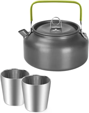 1SET Outdoor Portable Camping Aluminum 1.2L Coffee Pot Double-layer Cup 3-Piece Set(Green)