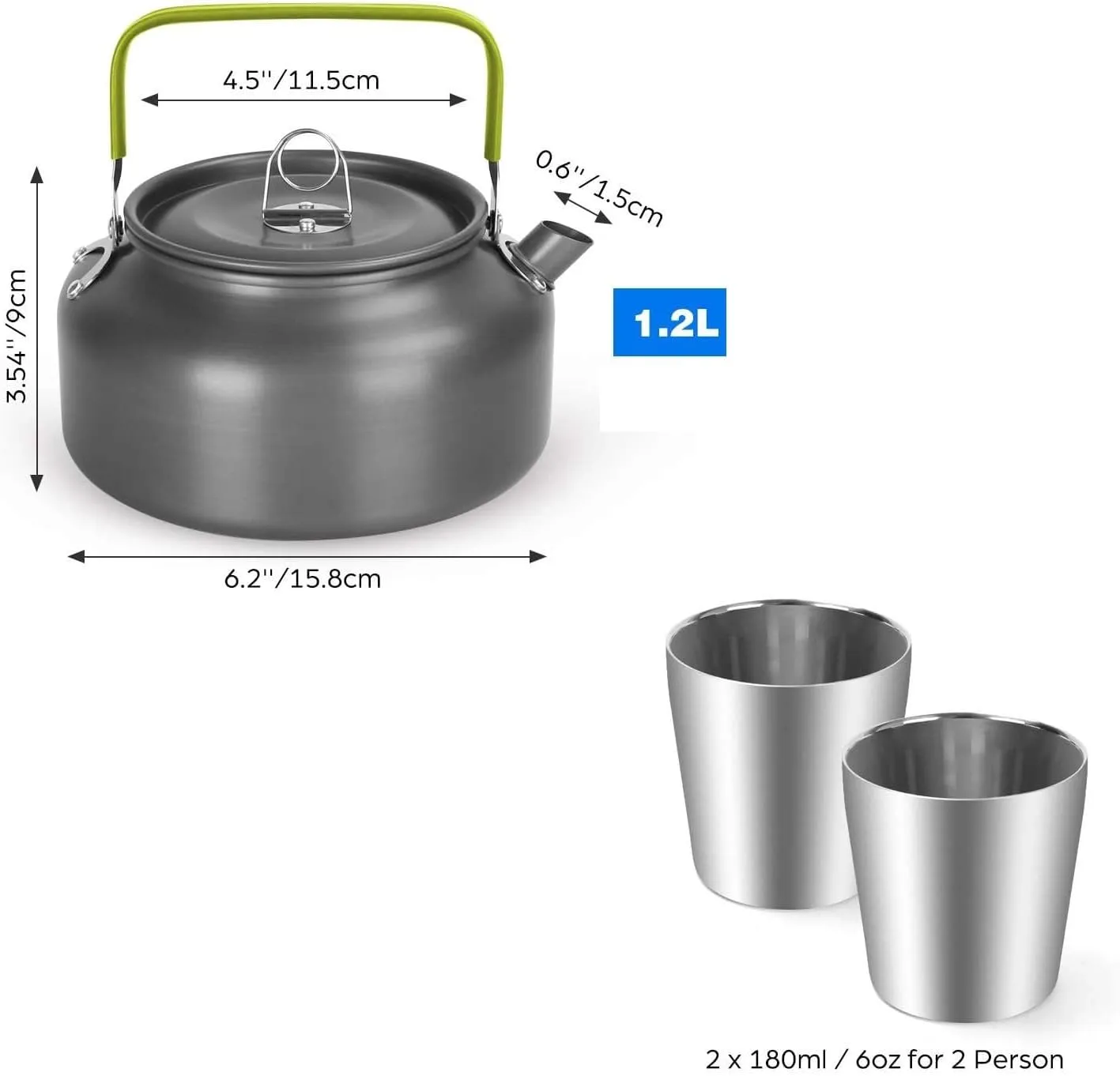1SET Outdoor Portable Camping Aluminum 1.2L Coffee Pot Double-layer Cup 3-Piece Set(Green)
