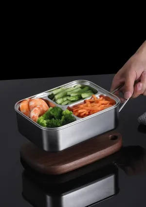 1SET Stainless Steel Square Three Grid Tableware Camping Portable Folding Tableware Small