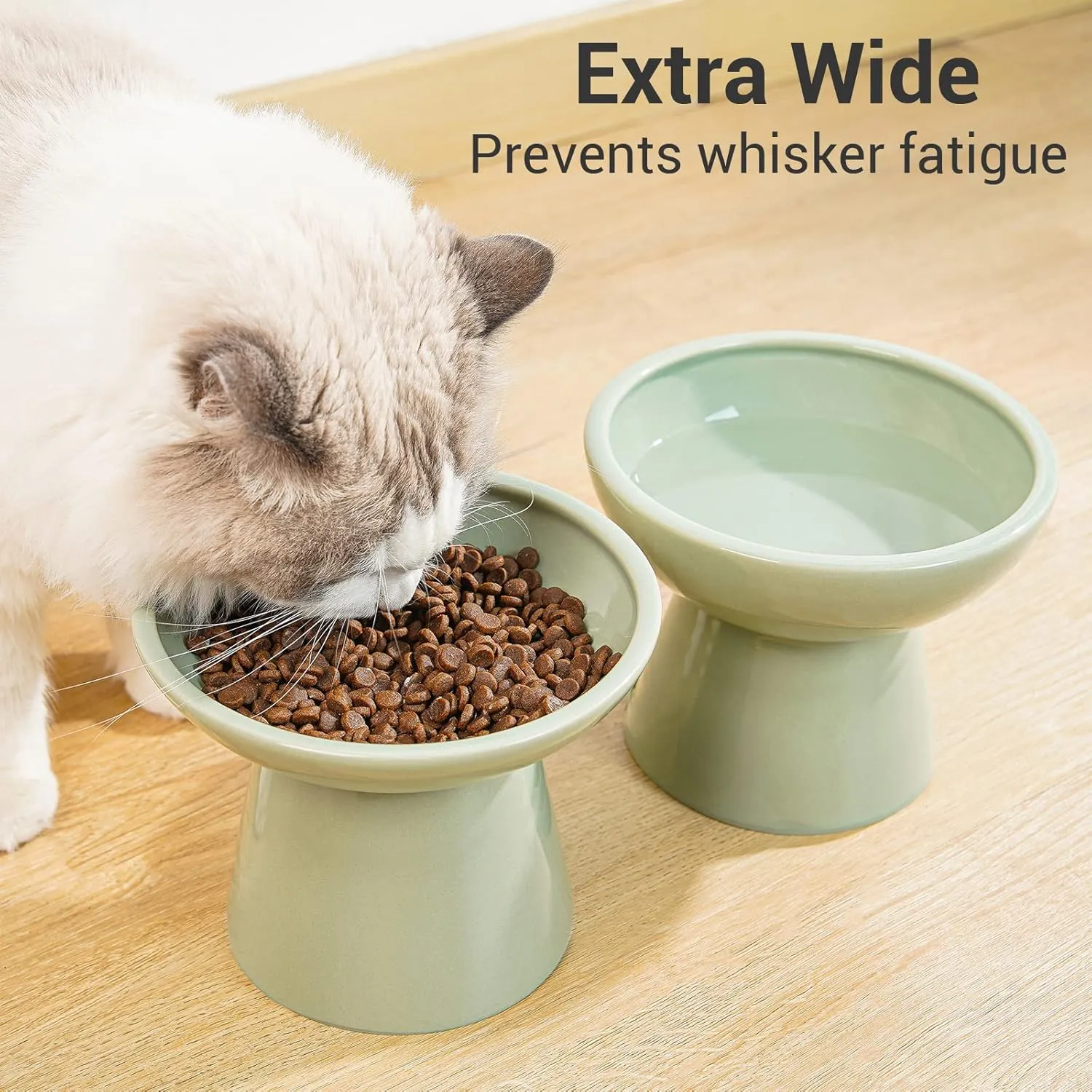 2 Elevated Ceramic Cat Bowls Extra Wide for Food & Water – Whisker Fatigue Shallow Food Dish, Lead & Cadmium-Free, Raised Height for Cats, Sage Green