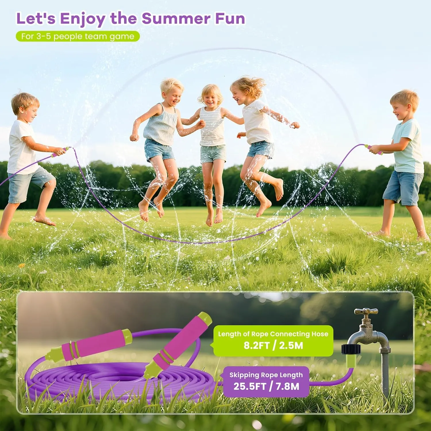 2-in-1 Kids Water Sprinkler Jump Rope Toy, 25.5 FT Splash Rope with 12 Spray Nozzles for Summer Party Backyard Beach Park, Fun Outdoor Water Sprinkler Team Game Toys for Ages 8-13, Purple