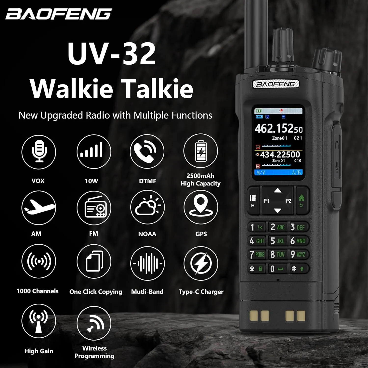 2 Pack BAOFENG UV-32 Radio 10W High Power Walkia Talkie GPS Two Way Raido USB-C Charging Multi-Band FM/AM Handheld Radio UV32 with Radio Cases (Black)