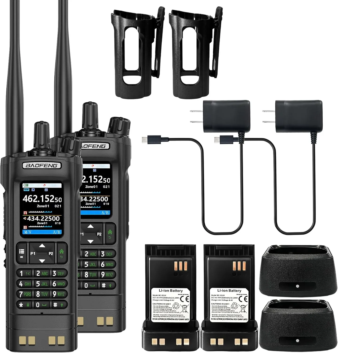 2 Pack BAOFENG UV-32 Radio 10W High Power Walkia Talkie GPS Two Way Raido USB-C Charging Multi-Band FM/AM Handheld Radio UV32 with Radio Cases (Black)