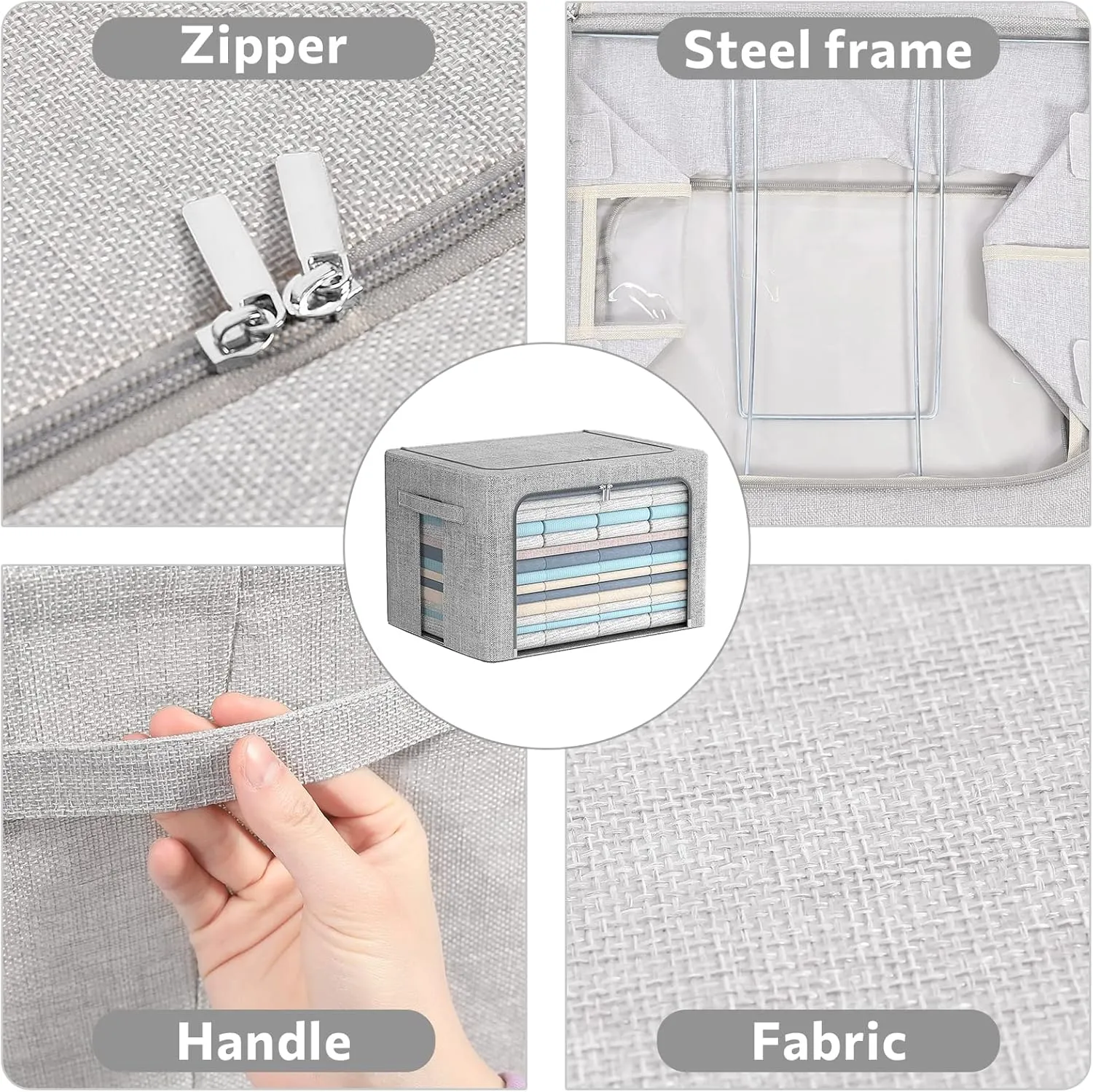 2 Pack Clothes Storage Bins Stackable Metal Frame Storage Box Large Capacity Foldable Linen Fabric Box Organizer with Carrying Handles and Clear Window(Light Gray, 23.6X 16.5X 15.7 Inch)