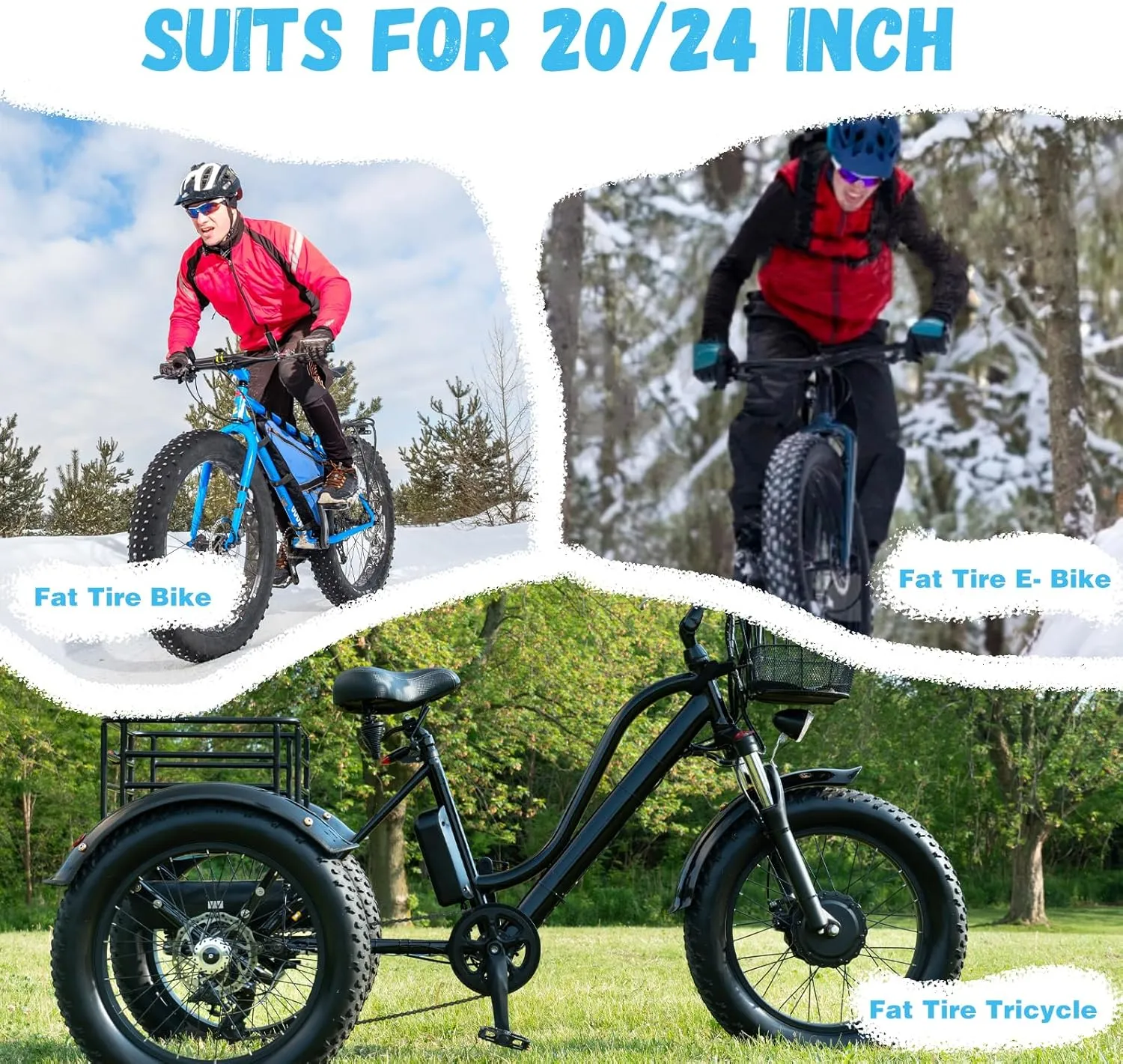 2 Pack E-Bike Tire Fat BMX Bike Tire 20"x3" (76-406) 24"x3" (76-507) with Tubes Compatible Replacement Bicycle Tire for Mountain Snow and Beach Bike