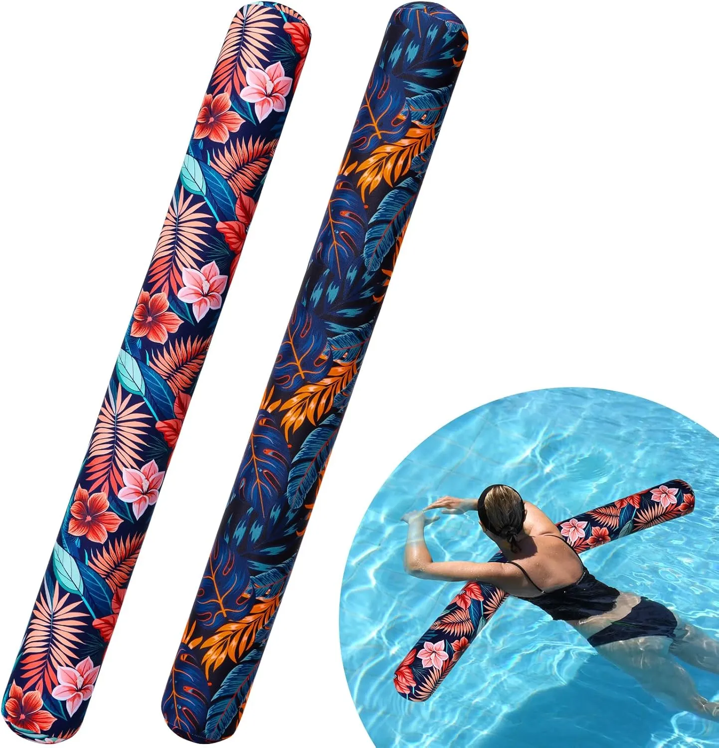 2 Pack Inflatable Pool Noodle Floats, 54'' Large Soft Thick Fabric Covered Pool Noodles, Premium Buoyancy for Lake and Swimming Pool Floating, Yellow and Green Heavy Duty Jumbo Pool Noodles 6 inch