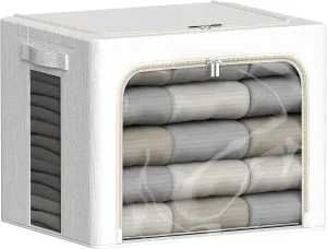 2 Pcs Clothes Storage Bins with Metal Frame 30L Foldable Linen Fabric Storage Bins for Clothes with Large Clear Window