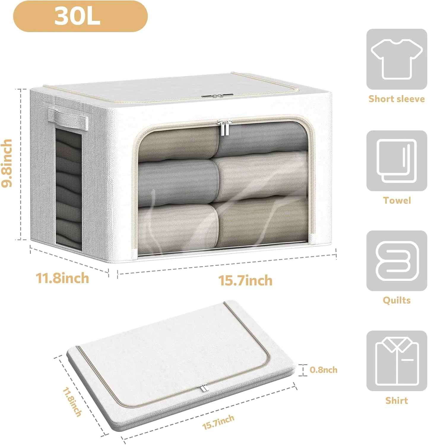 2 Pcs Clothes Storage Bins with Metal Frame 30L Foldable Linen Fabric Storage Bins for Clothes with Large Clear Window