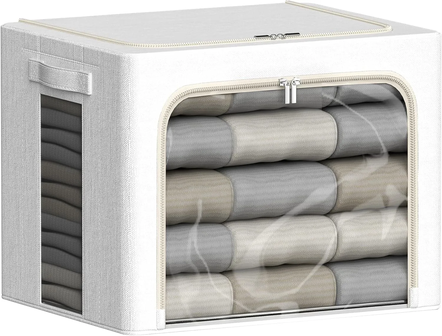 2 Pcs Clothes Storage Bins with Metal Frame 30L Foldable Linen Fabric Storage Bins for Clothes with Large Clear Window