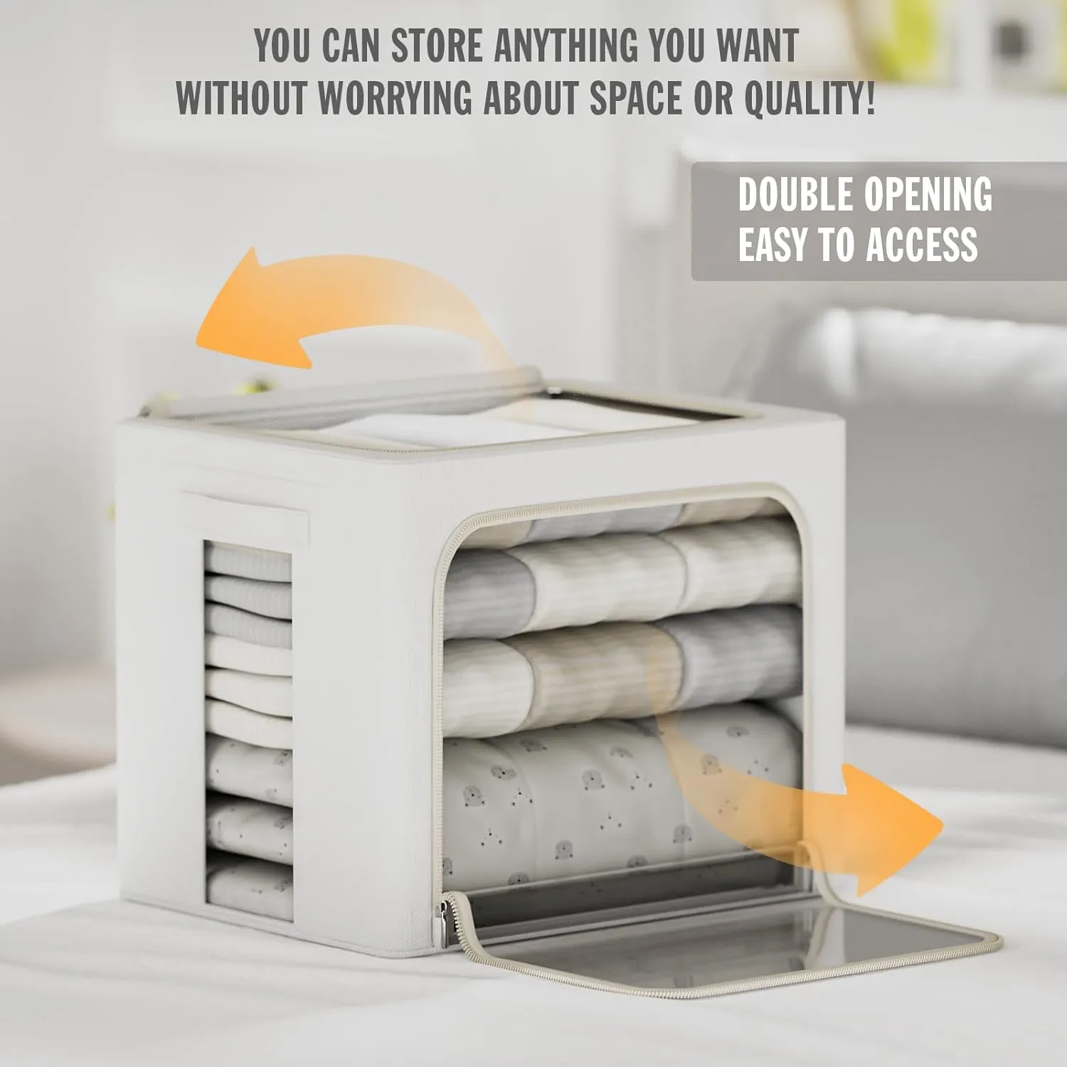 2 Pcs Clothes Storage Bins with Metal Frame 30L Foldable Linen Fabric Storage Bins for Clothes with Large Clear Window