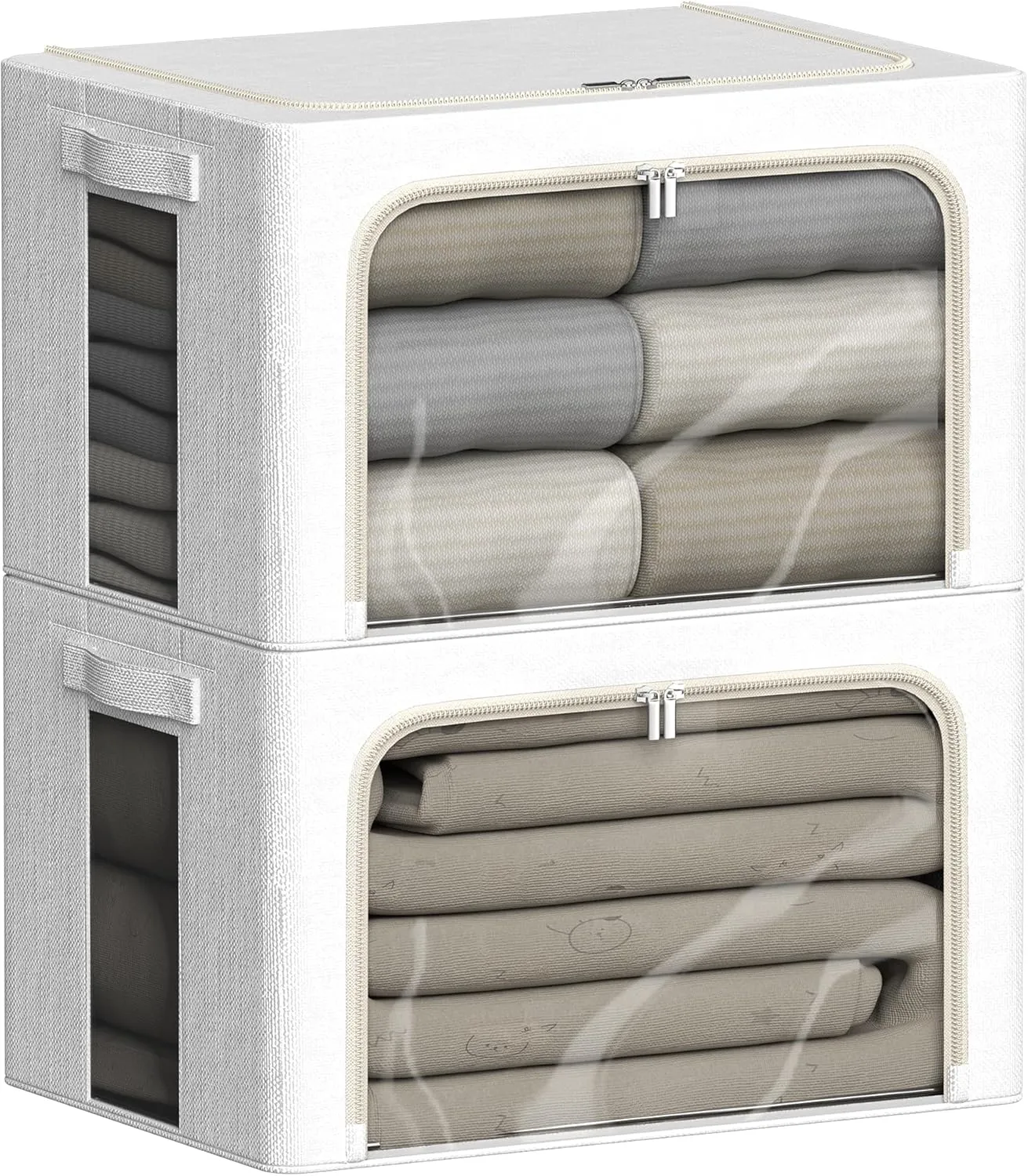 2 Pcs Clothes Storage Bins with Metal Frame 30L Foldable Linen Fabric Storage Bins for Clothes with Large Clear Window