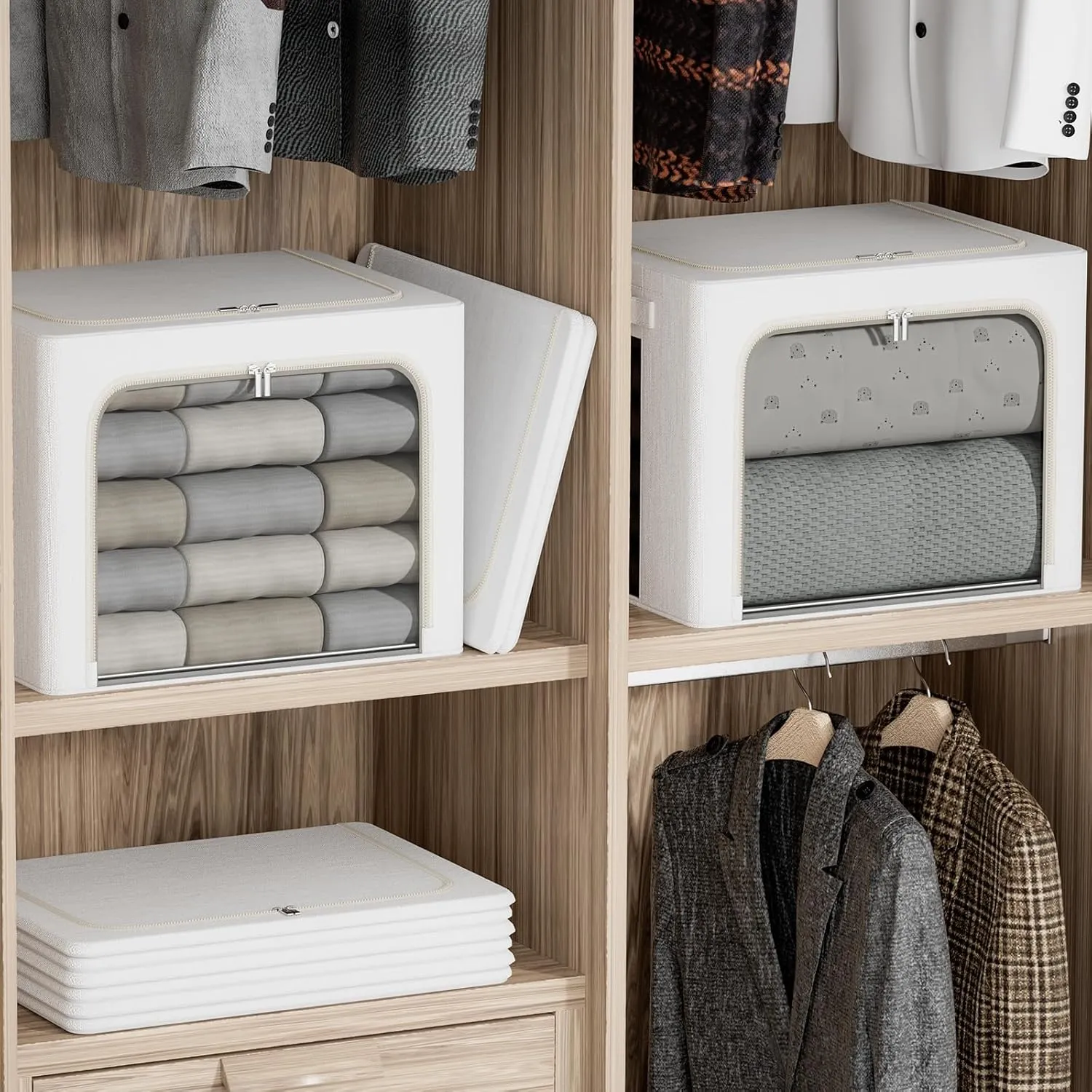 2 Pcs Clothes Storage Bins with Metal Frame 30L Foldable Linen Fabric Storage Bins for Clothes with Large Clear Window