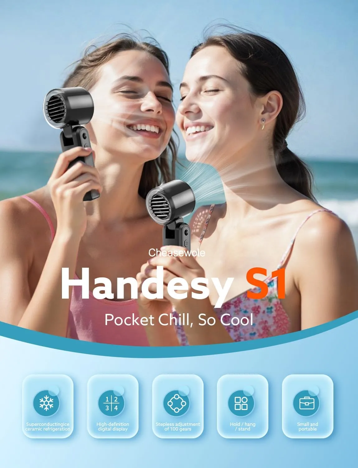 [2025 Upgraded] Handheld Portable Fan, Ice Cooling Fan, High Speed, Rechargeable, 5000mAh, 16H Max, LED Display, 100-Speed, 90° Foldable, 3-IN-1 Portable Hand/Desk/Neck Fan for Travel, Gift(Black)
